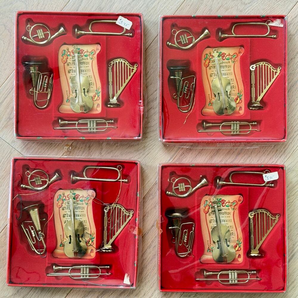 Vintage Brass‑Tone Miniature Musical Instrument Christmas Ornaments Set of 4